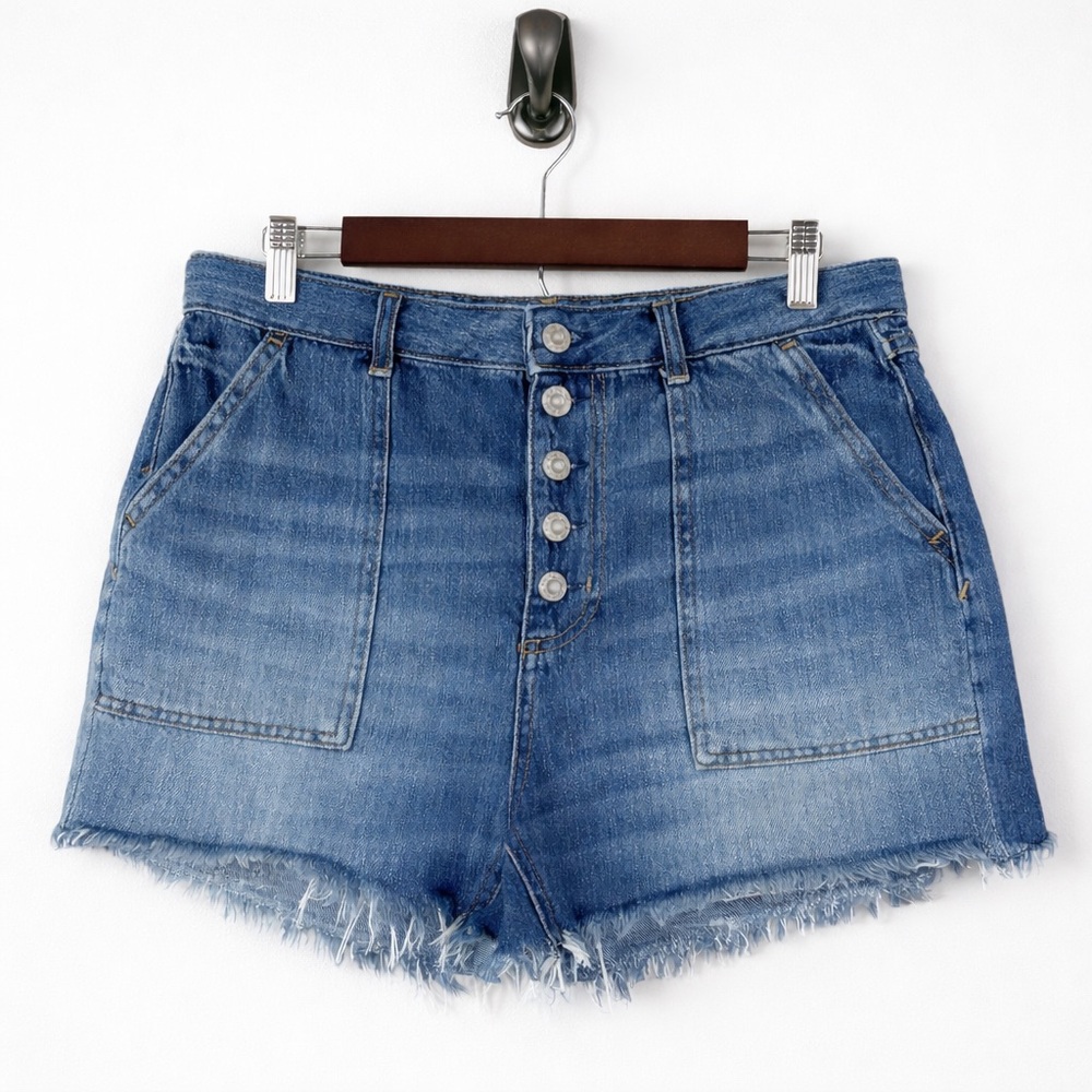 We The Free High-Rise Denim Shorts 28 Button Fly Raw Hem Patch Pockets
